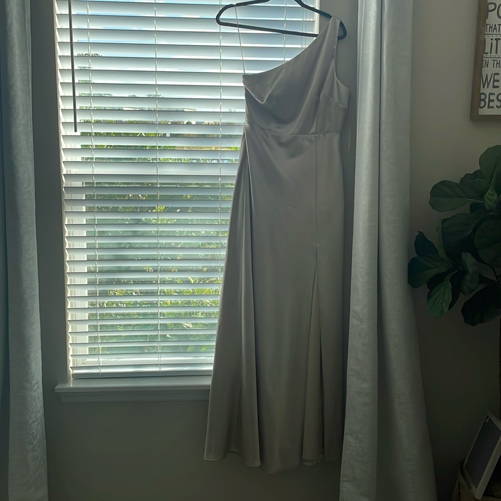 Gorgeous Birdy Grey soft gold/nude satin bridesmaid one-shoulder dress with slit